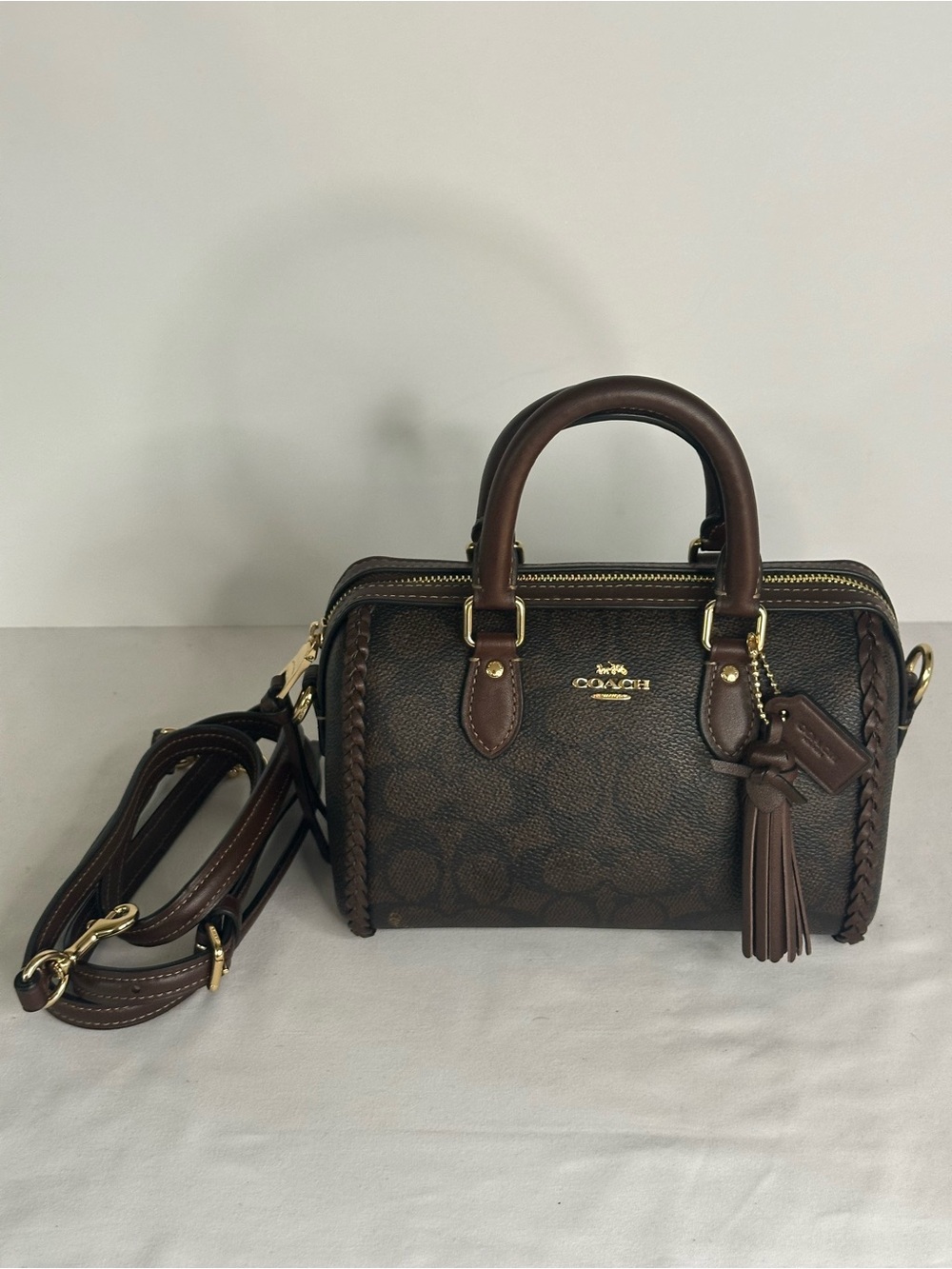 Coach Mini Braided Rowan Crossbody Bag In Walnut Signature Canvas Satchel CCF30 - Picture 2 of 8